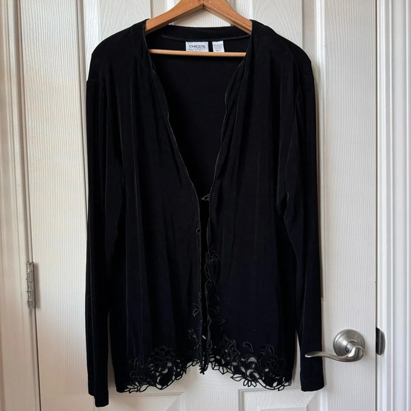 Chico’s travelers Crochet Velvety cardigan black stretch size 2 Large - Picture 1 of 10